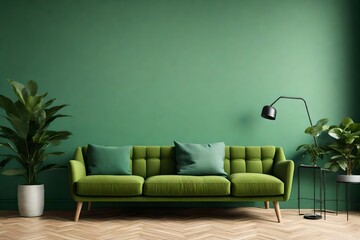 a modern minimalist living room interior for an AI, featuring a green sofa and a plant against a green wall background 