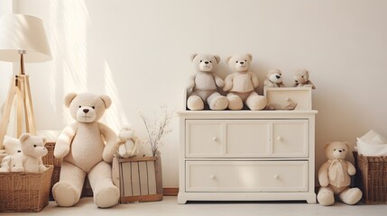 A tranquil nursery corner showcases a white dresser, handmade stuffed animals, and rustic decor elements, creating a harmonious and nurturing environment