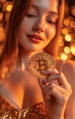 Young gilr holding a physical bitcoin cryptocurrency in her hand.