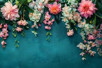 Dark turquoise background with plumeria, orchid, tulips and dahlia, with space for text. Romantic concept.