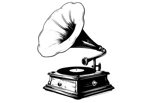 Classic vintage gramophone hand drawn ink sketch. Engraved style vector illustration