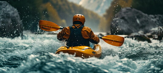 Fototapeta premium person on a canoe. kayaking in the river. Autumn forest and mountains