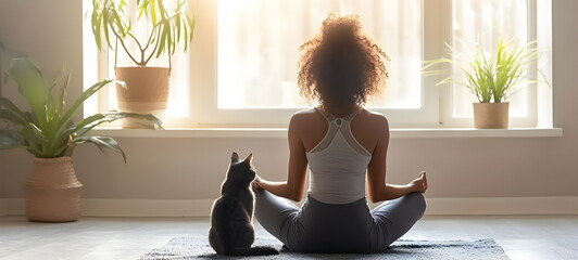woman doing yoga with a cat - obrazy, fototapety, plakaty