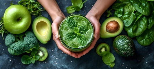 Raamstickers Green smoothie. Kiwi, greens, avocado, mint. Healthy eating. © Ксения Шембелян