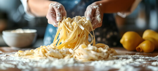 Hands covered in flour. A woman makes pasta. - Powered by Adobe