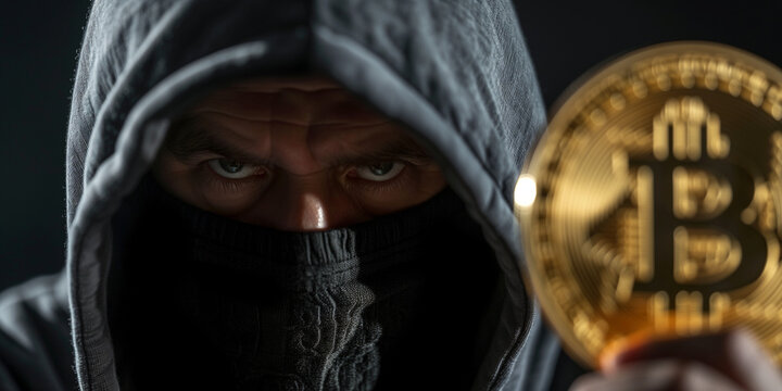 Masked Hacker holding a Bitcoin, Ransomware extortion concept