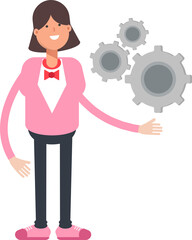 Woman Character Holding Gears
