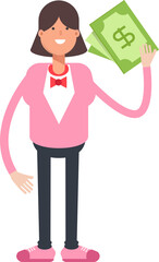 Woman Character Holding Dollar Banknotes
