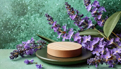 Wooden podium with lavender flowers on a green background. Purple flowers, green nature forest, product brand advertising