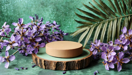 Wooden podium with lavender flowers on a green background. Purple flowers, green nature forest, product brand advertising
