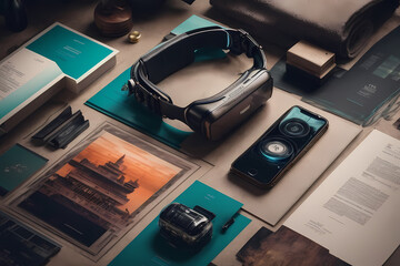 Accessories for travel. Traveler's outfit and vacation items. Travel concept with retro camera on wooden background. Flat lay. future technology 