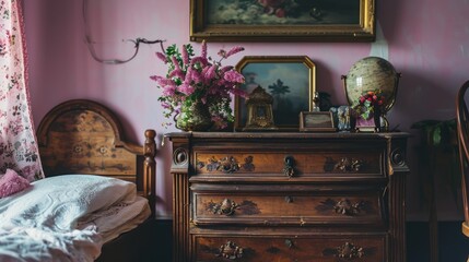 Vintage Bedroom Interior with Elegant Wooden Furniture and Floral Arrangements