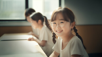 Bambina di origini asiatiche sorridente in una classe di una scuola elementare durante una lezione - obrazy, fototapety, plakaty