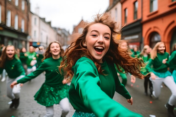 group of young people perform St. Patrick day. - obrazy, fototapety, plakaty