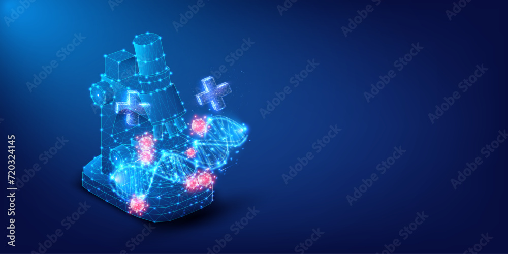 Poster abstract image of a microscope with glowing dna strands and health care signs symbolizing advanced m