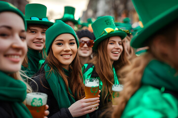 Cheering Irish people at the St. Patrick's Day Parade. - obrazy, fototapety, plakaty