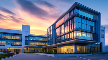 The exterior of a modern hospital building at dawn, symbolizing hope and a new start, hospital, dynamic and dramatic compositions, with copy space