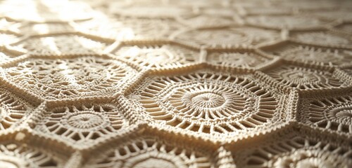 the mesmerizing intricacies of a hexagon motif crochet pattern, bathed in soft, natural light, creating a tranquil and visually arresting composition.