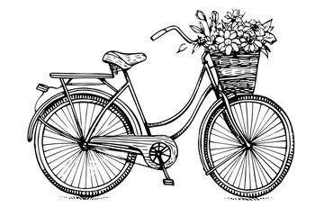 Vintage bicycle with flowers in a basket hand drawn engraved vector illustration