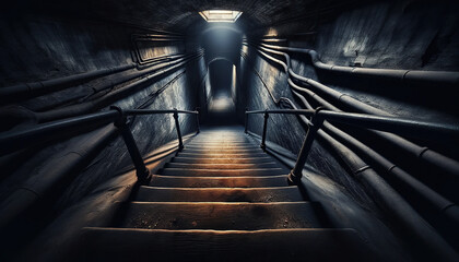 An atmospheric shot of a dark underground tunnel with an eerie staircase leading towards a distant...
