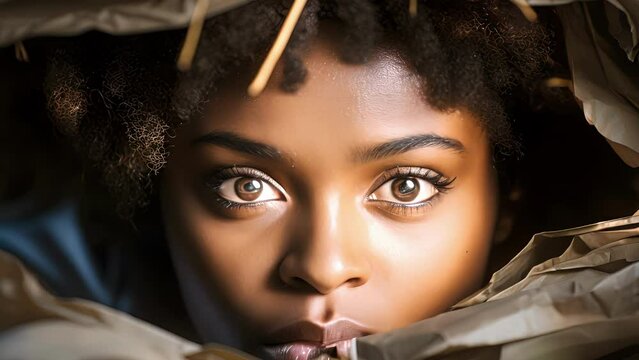 A single African teenager her face hidden by the pages of a thick textbook. She looks exhausted like shes been studying for hours