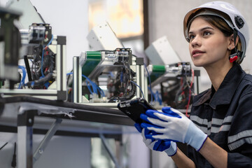 Artificial intelligence science development engineer working on robotic arm connection and control at electronic futuristic research laboratory. Smart technician woman maintenance AI machine workshop