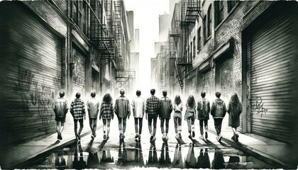 People walking in an alley with puddles and graffiti. - obrazy, fototapety, plakaty