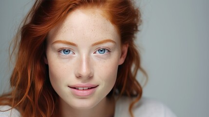 Naklejka premium happy ginger girl with freckles smiling looking at camera. 