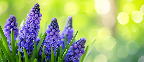 Muscari, grape hyacinth close-up on blurred colorful bokeh background for spring and flower lovers. Some leaves. Card, banner for fresh season. Purple, green, pink. - obrazy, fototapety, plakaty