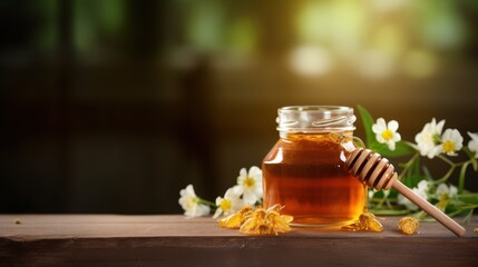 Honey Bee in glass jar with honey dipper and flowers on the wooden table, 