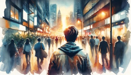 Man facing a busy city street at dusk.