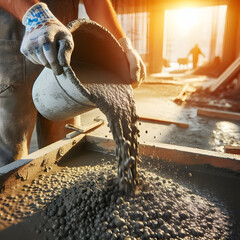 A construction worker is pouring concrete on a construction site - obrazy, fototapety, plakaty