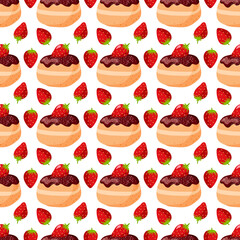 Seamless pattern with doughnut with chocolate and strawberries. Hand drawn vector illustration in flat style. Repeated background for wallpaper, textile, wrapping paper.