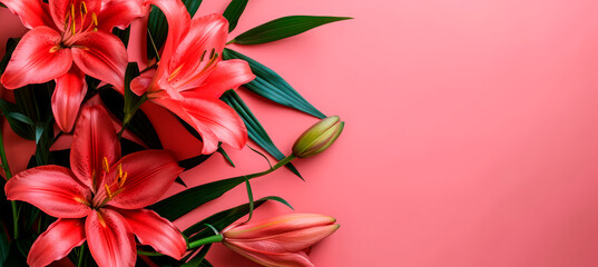 delicate pink lilies on a bright pink background with a place for text