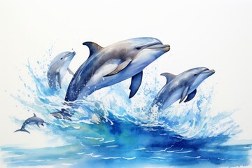 Watercolor illustration of dolphins jumping out of the sea, isolated on a blue background. World Whale Day Postcard. 
