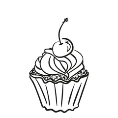 Cupcake with whipped cream and cherry vector illustration, Hand drawn line sketch of sweet dessert