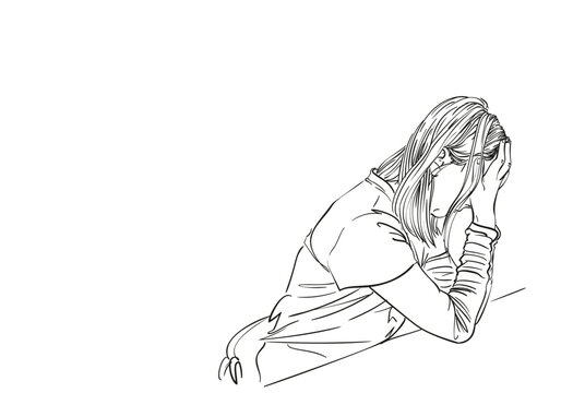 Unhappy woman in depression, hand drawn vector illustration, female covered her face with her hands and leaned her elbows on the table freehand line sketch