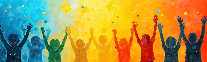 Child's drawing with children holding hands up. Happiness and friendship, childhood concept. - Powered by Adobe