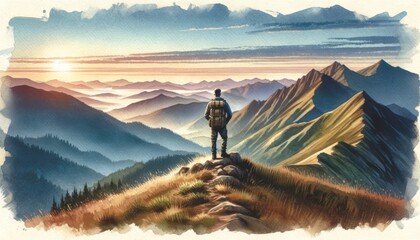 Hiker observing a mountain range at dawn.
