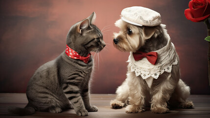 Obraz premium Chic Minimalism Love Cat Dog in Romantic Harmony Background Ai Generative
