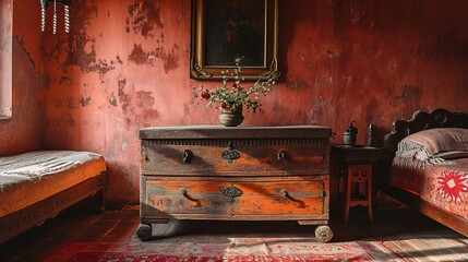 Vintage Bedroom Interior with Aged Red Walls, Antique Wooden Furniture, and Sunlight Streaming In