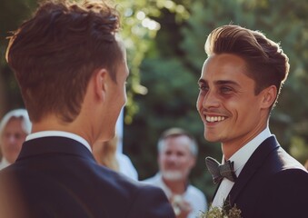 Smiling Man in Tuxedo Interacts With Another Man