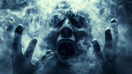 Fear concept. Scared man covered in smoke.
