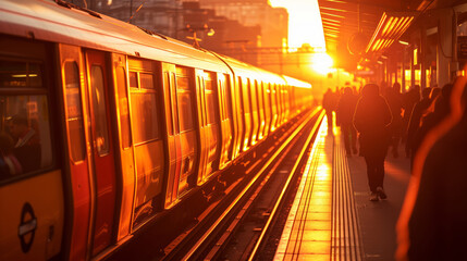 Bustling city train platform during a vibrant sunset - obrazy, fototapety, plakaty