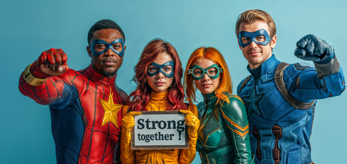 Superheroes Together Holding 'Strong Together' Sign - obrazy, fototapety, plakaty