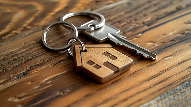 Wooden keychain with house symbol and metal keys.