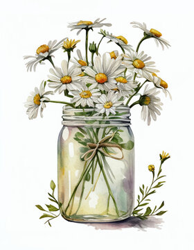 Watercolor Bouquet of Daisies in a Jar Illustration Isolated on White Background. Colorful Digital Floral Art