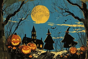 A vintage Halloween postcard scene with pumpkins, witches, and a spooky moon