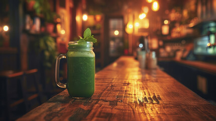 A fresh green smoothie in a mason jar on a rustic bar counter.