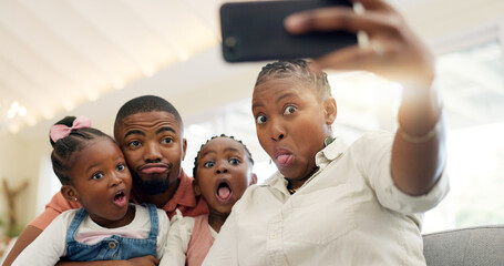 Black family, selfie and funny face, parents and kids at home, fun and bonding with memory for...